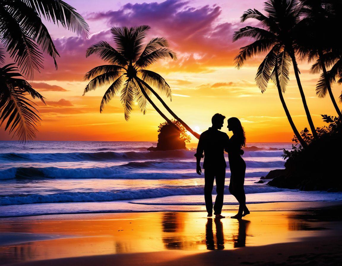 A serene sunset on a tranquil beach, with soft waves gently lapping at the shore; two silhouettes engaged in an intimate, dancing embrace, surrounded by ethereal light, symbolizing connection and passion. Lush tropical plants framing the scene, enhancing a sense of privacy and allure. dreamy and romantic atmosphere. warm hues and soft focus. super-realistic. vibrant colors.