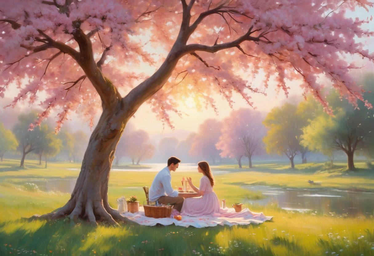 A serene landscape featuring a couple enjoying a romantic picnic under a flowering tree, surrounded by soft pastel colors and warm sunlight. Nearby, a table is elegantly set with gourmet food and soothing drinks, accompanied by candles casting a gentle glow. The lovers are engaged in playful, intimate gestures, displaying their connection and happiness. Elements of nature, such as butterflies and blooming flowers, enhance the atmosphere of intimacy and fulfillment. soft focus, dreamy colors, impressionist painting.